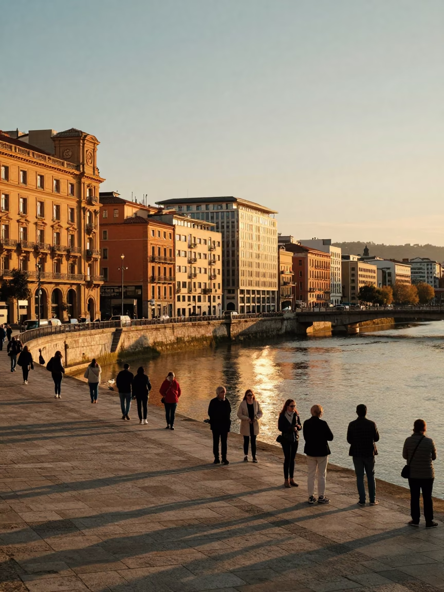 Sunset Stroll Along Bilbao's Nervion River Embankment with Traditional Pintxo Bar Culture in in Bilbao, Spain