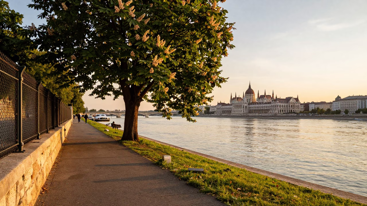 Sunset Stroll Along Budapest Danube Promenade with Chestnut Tree and Dog in in Budapest, Hungary