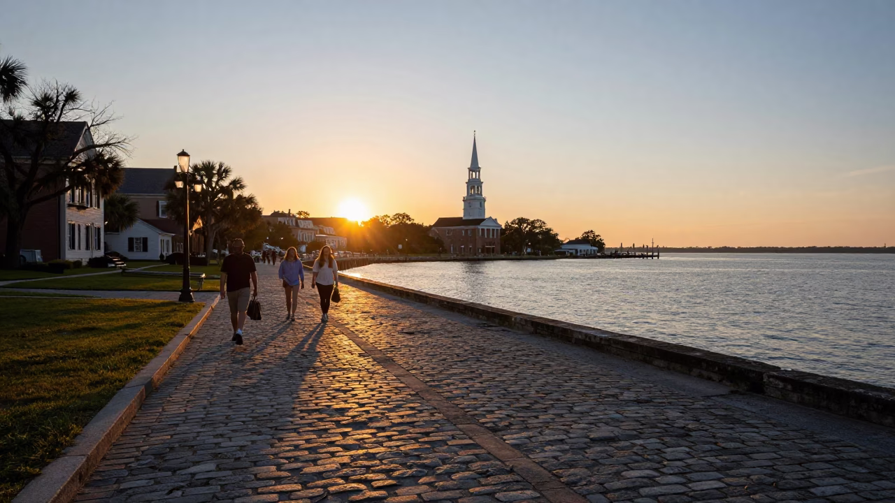 Sunset Stroll Along Charleston Waterfront with Historic Architecture and Seaport Market Activity in in Charleston, South Carolina, United States