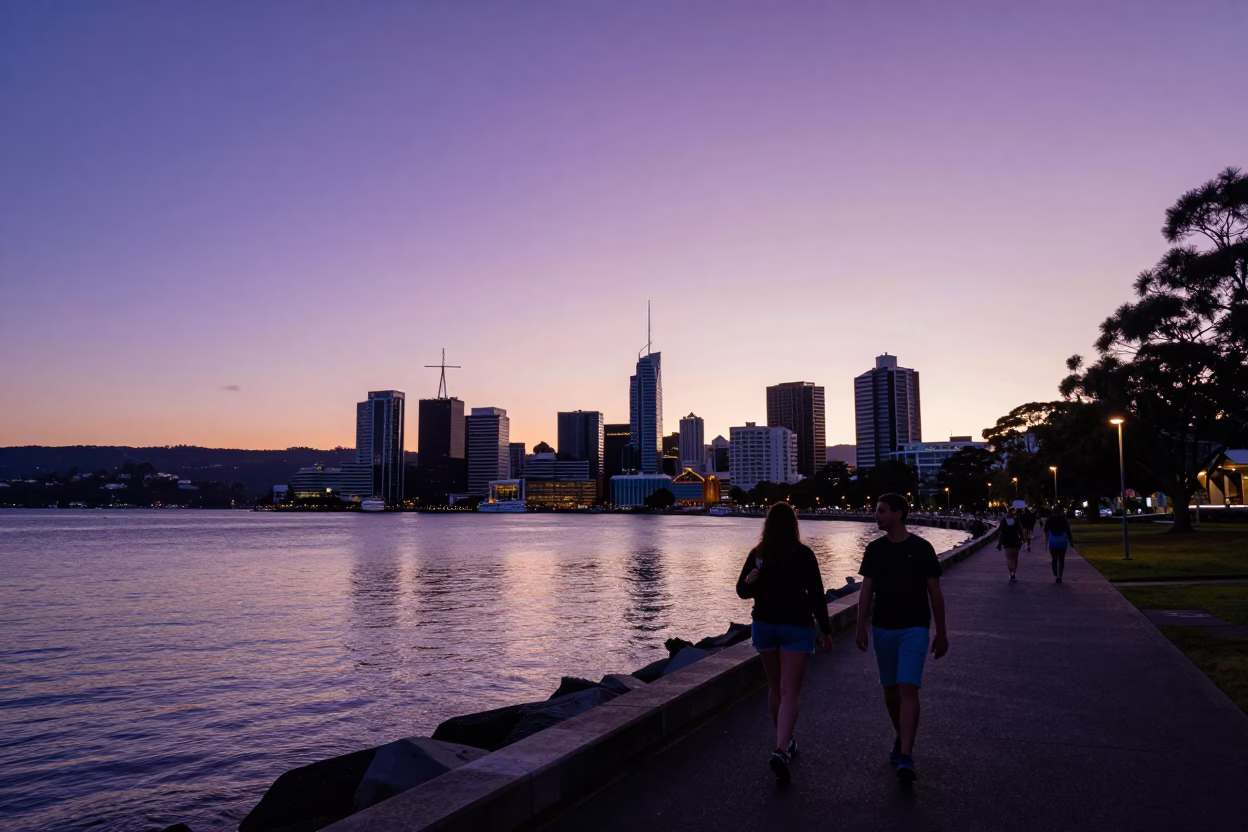 Sunset Stroll Along Hobart Waterfront With Sorell Wharf And Mountain Backdrop in in Hobart, Tasmania, Australia