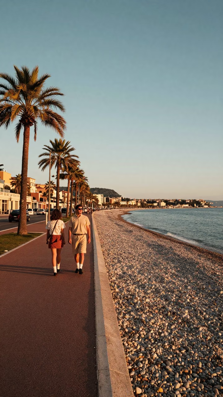 Sunset Stroll Along Promenade des Anglais in Nice with Vintage 1970s Aesthetic in in Nice, France
