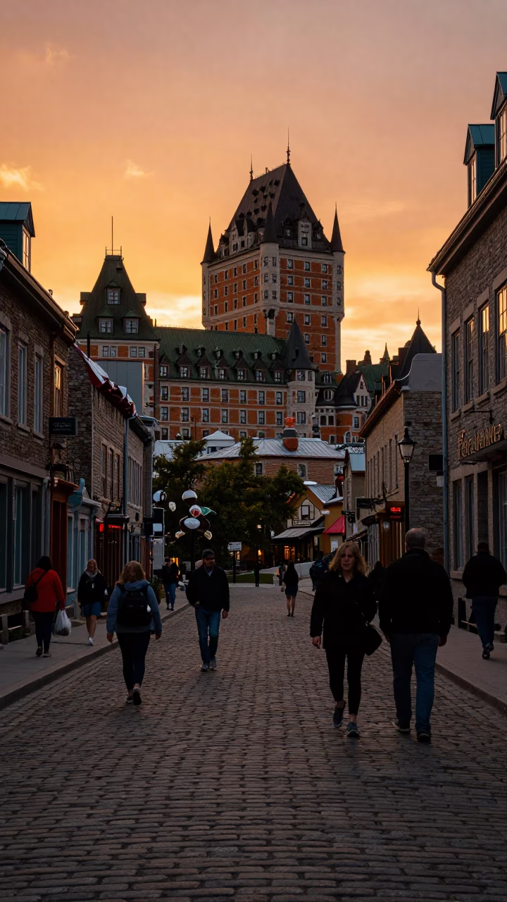 Sunset Stroll Along Quebec City Cobblestone Streets Near Historic Fortifications in in Quebec City, Quebec, Canada