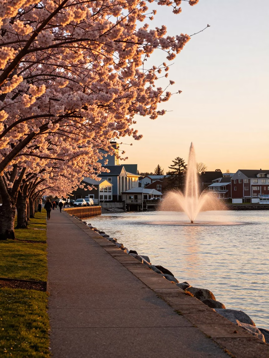 Sunset Stroll at Halifax Waterfront with Cherry Trees and Fountain Spray in in Halifax, Nova Scotia, Canada