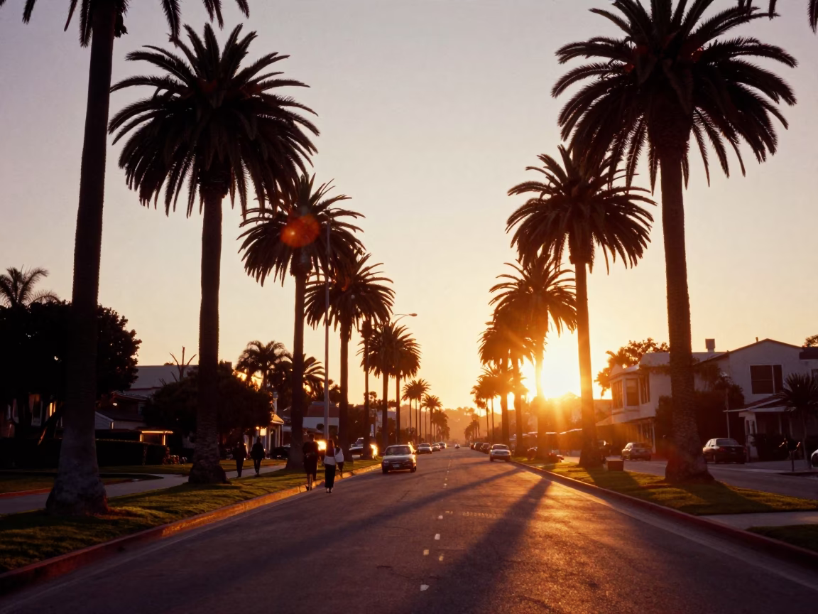 Sunset Stroll Down San Francisco Palm Tree Avenue with Classic Bus and Scooter in in San Francisco, California, United States