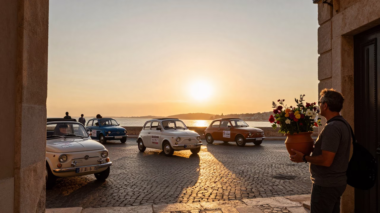 Sunset Stroll in Marseille with Vintage Car Rally and Twine Lamp Details in in Marseille, France