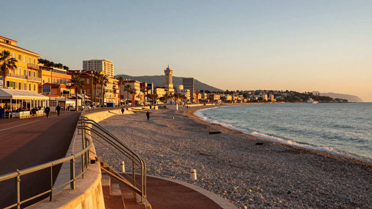 Sunset Stroll in Nice at Sunset Light in in Nice, France