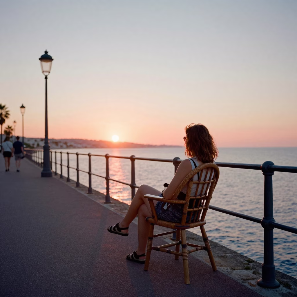 Sunset Stroll in Nice France with Raspberries and Spindle Chair on Promenade in in Nice, France