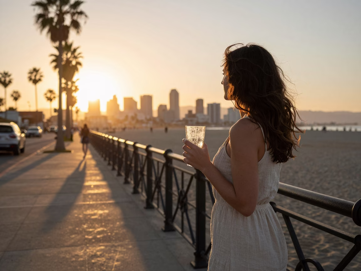 Sunset Stroll on Los Angeles Boardwalk with Leaf Shadows and Glass Tumbler in in Los Angeles, California, United States
