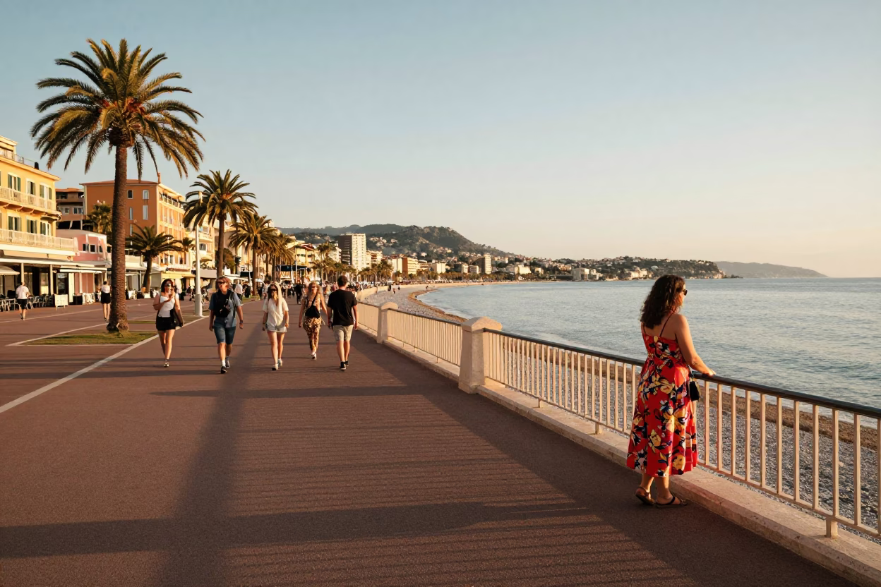 Sunset Stroll on Promenade des Anglais with Avocados and Glass Carafe in in Nice, France