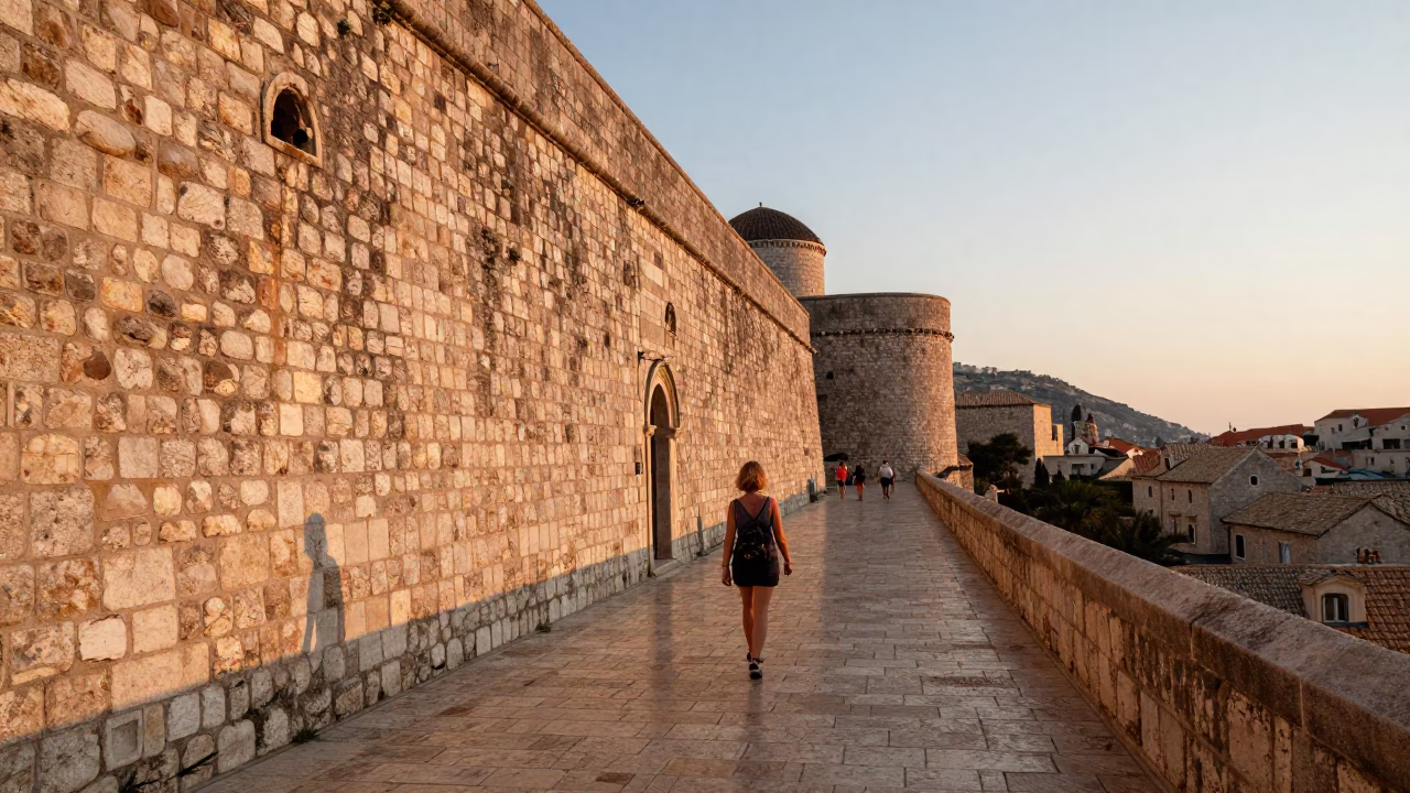 Sunset Stroll Past Ancient Stone Walls in Dubrovnik Croatia in in Dubrovnik, Croatia
