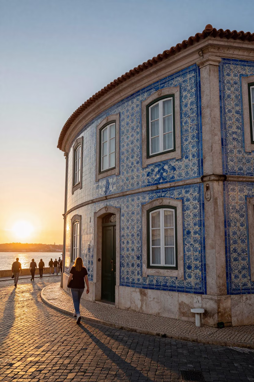 Sunset Stroll Through Alfama with Traditional Blue Azulejo Tiles and Vintage Tram in in Lisbon, Portugal