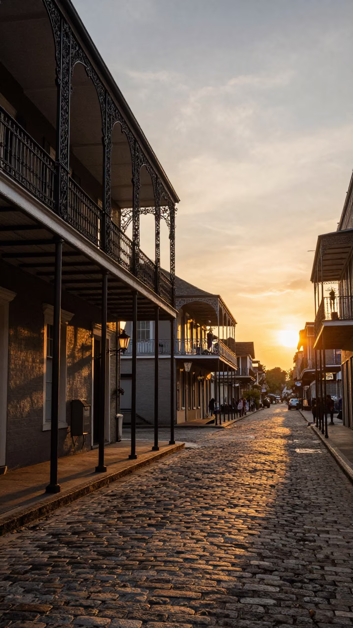 Sunset Stroll Through French Quarter with Iron Balconies and Street Life in in New Orleans, Louisiana, United States