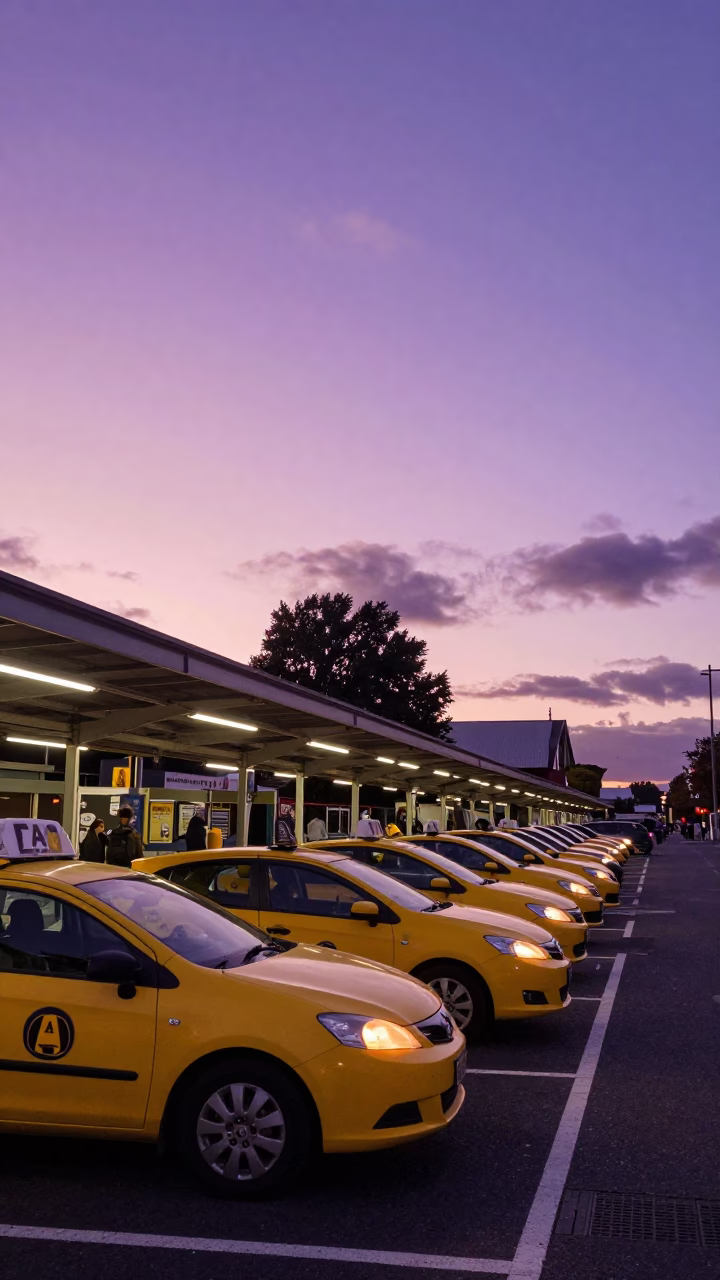 Sunset Taxi Rank Outside Christchurch Train Station With Evening Light in in Christchurch, New Zealand