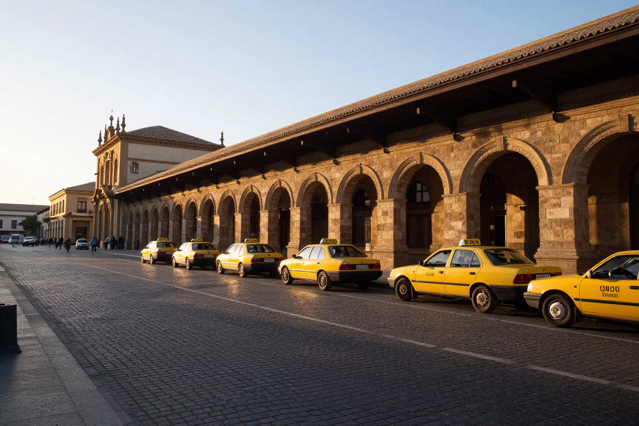 Sunset Taxi Rank Outside Granada Train Station With Stone Archways in in Granada, Spain