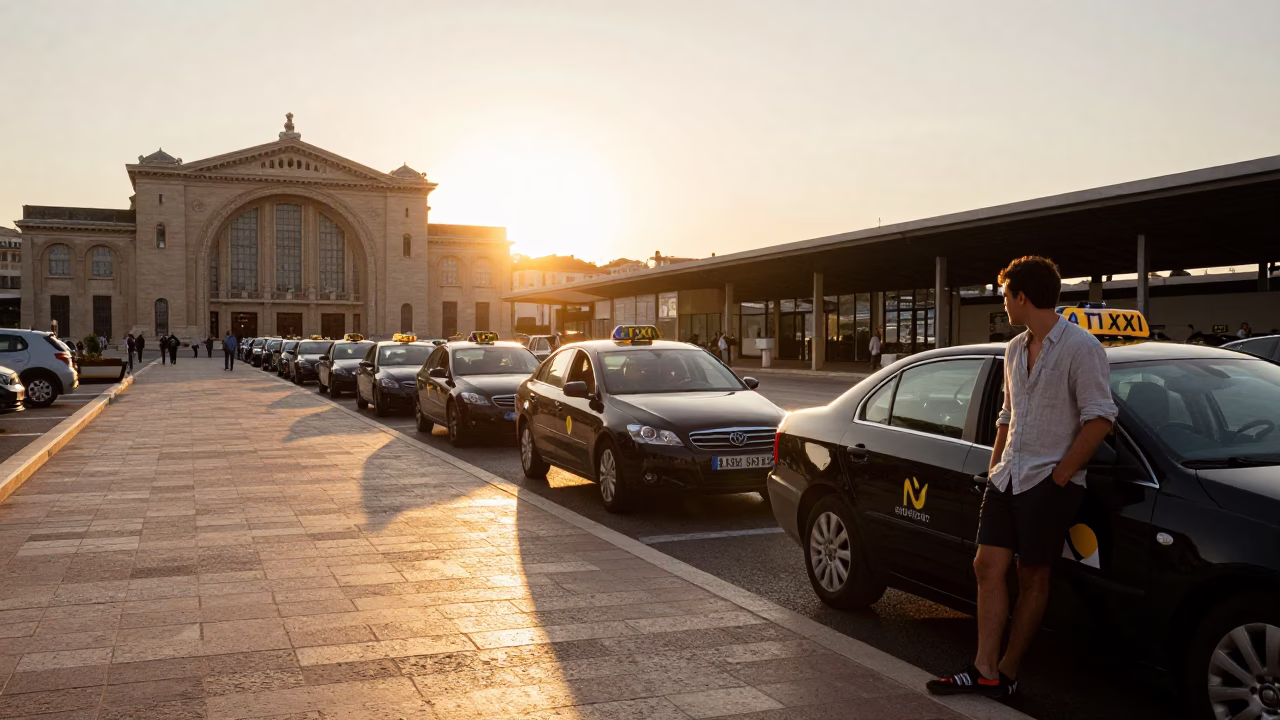 Sunset Taxi Rank Outside Marseille Saint-Charles Station with Waiting Commuters in in Marseille, France