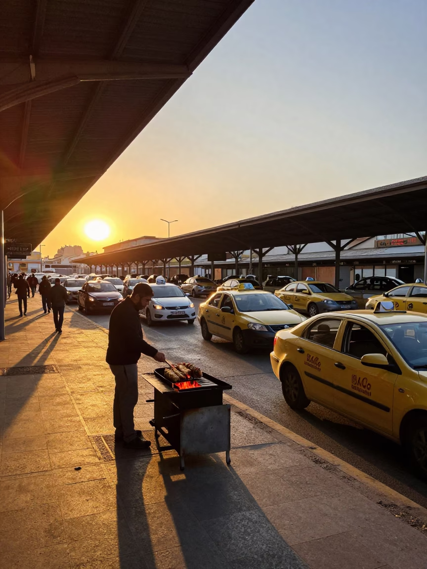 Sunset Taxi Rank Outside Valencia Train Station with Kebab Grill in in Valencia, Spain