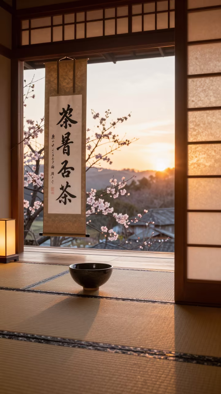 Sunset Tea Ceremony Bowl on Tatami in in a tatami tea room in Nara