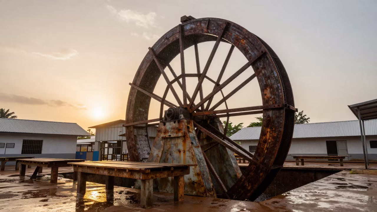 Sunset Tide Mill Waterwheel Conakry Sorting Floor in along a food-processing floor with sorting tables near Conakry