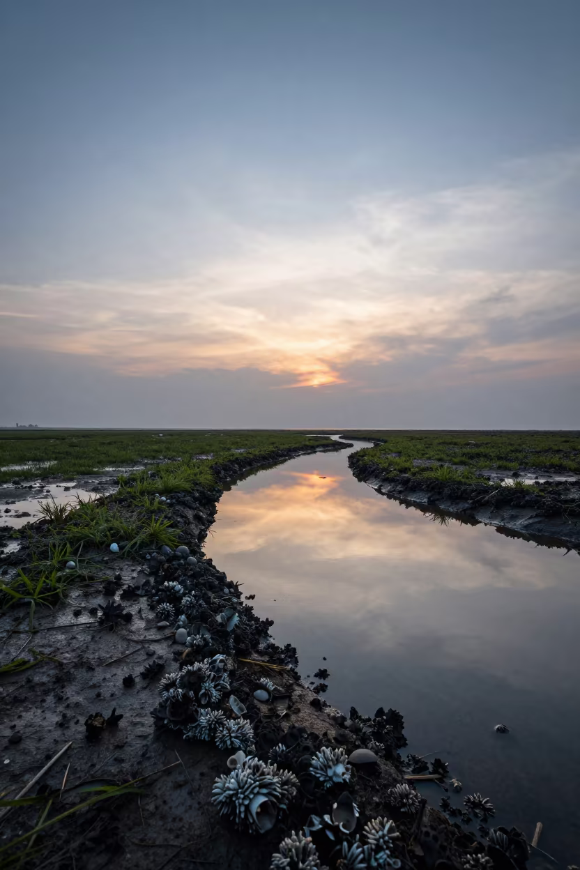 Sunset Tide Pool Barnacles Backlit Silhouette in along a seagrass channel near the coast in Crawford Market, Mumbai
