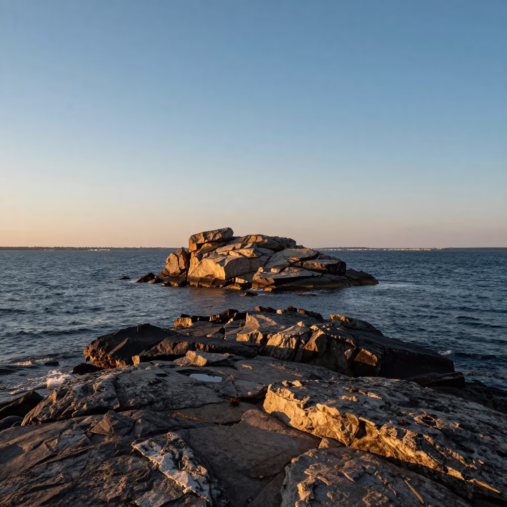 Sunset Tombolo Linking Rocky Island to Mainland Shore in along a wave-cut shoreline near Koszalin