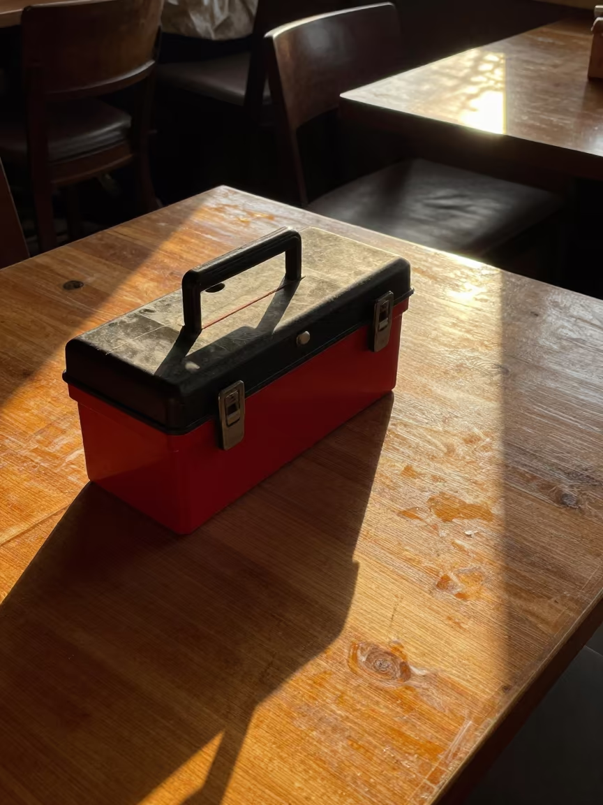 Sunset Toolbox on Cafe Table in Kabul in on a cafe table by a window in Kabul