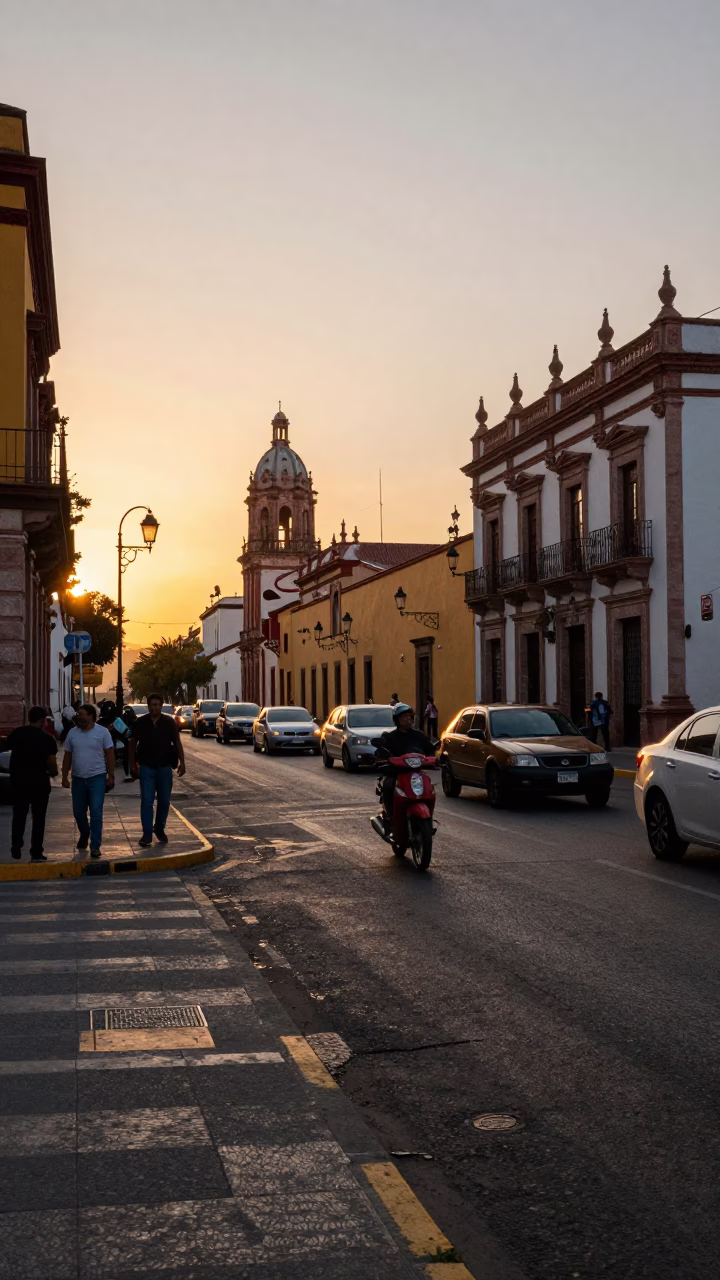Sunset Traffic and Colonial Architecture in Guadalajara Mexico Street Scene in in Guadalajara, Mexico