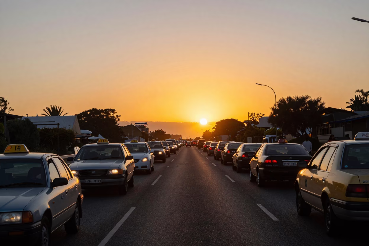 Sunset Traffic Jam on Cape Town's N1 Highway with Freight Train Crossing in Background in in Cape Town, South Africa