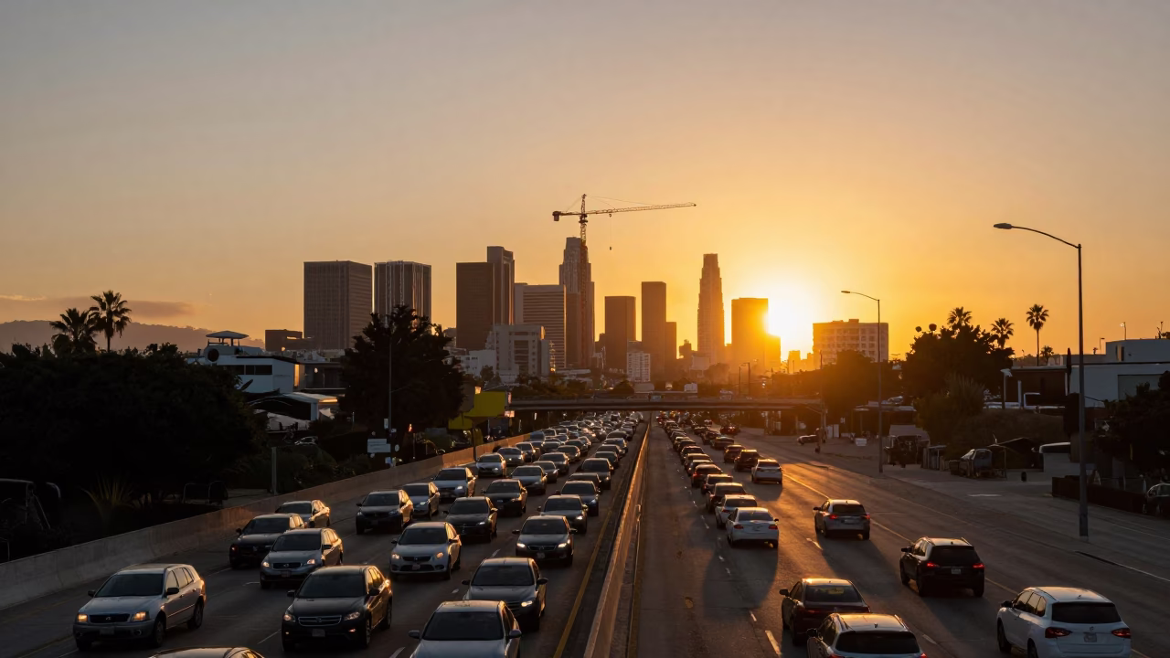 Sunset Traffic Jam on Los Angeles Freeway with Construction Crane and Crowbar in in Los Angeles, California, United States