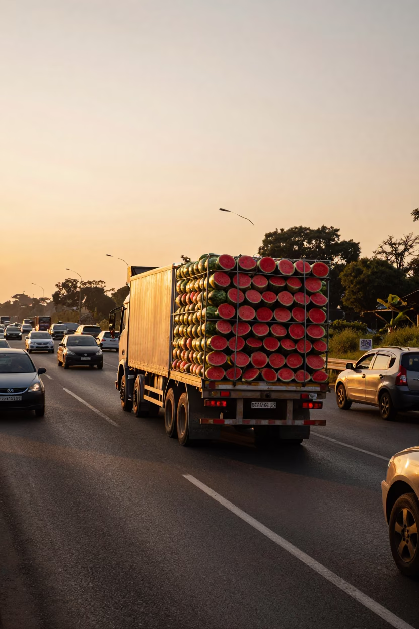 Sunset Traffic on Johannesburg Highway with Truck Laden with Watermelons in in Johannesburg, South Africa