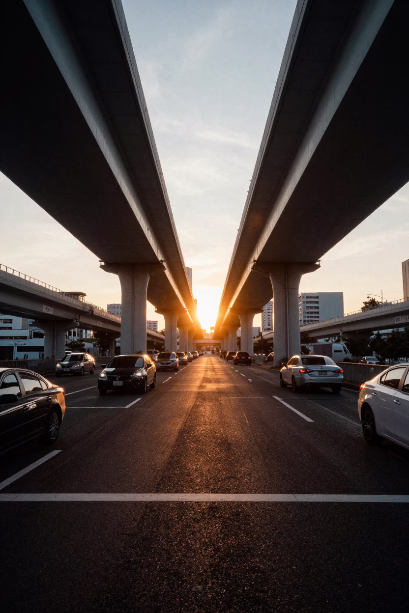 Sunset Traffic Shadows on Fukuoka City Overpass Bridge Concrete Structure in in Fukuoka, Japan