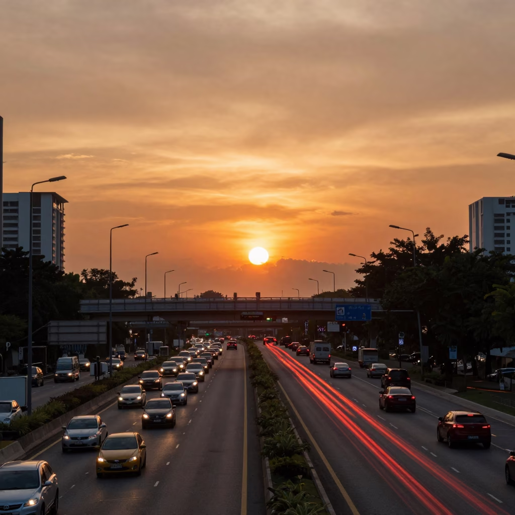 Sunset Traffic Streaks on Kuala Lumpur Overpass Interchange Lane Split with City Skyline in in Kuala Lumpur, Malaysia