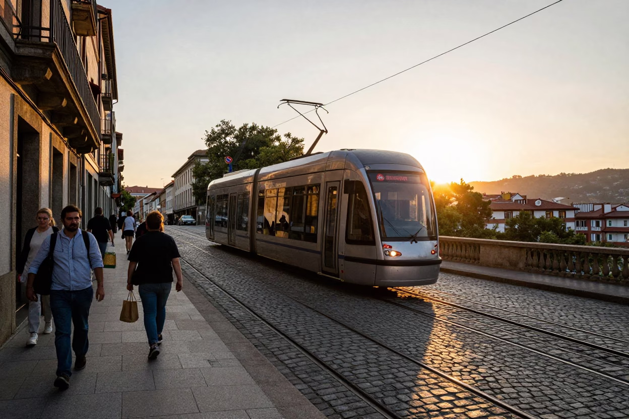Sunset Tram in Bilbao at Sunset Light in in Bilbao, Spain