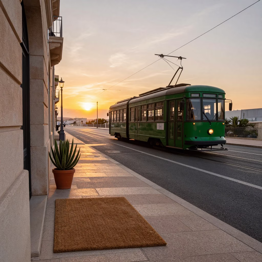 Sunset Tram on Marseille Avenue with Doormat and Echeveria Detail in in Marseille, France