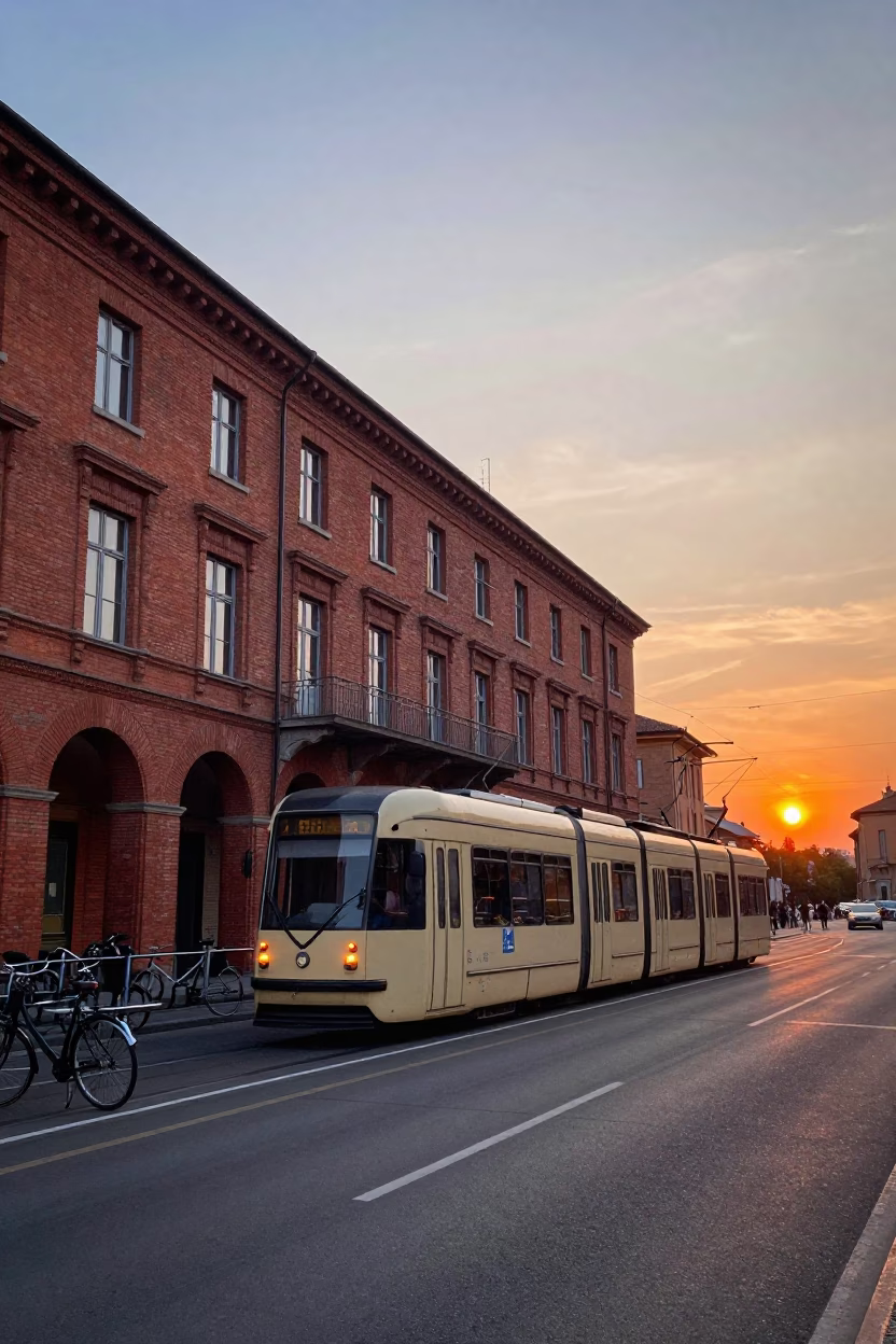 Sunset Tram Passing Red Brick University Building in Bologna Italy in in Bologna, Italy