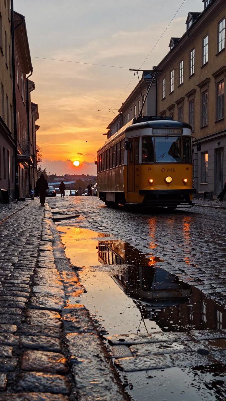 Sunset Tram Reflection on Stockholm Cobblestones with Vintage Street Scene in in Stockholm, Sweden
