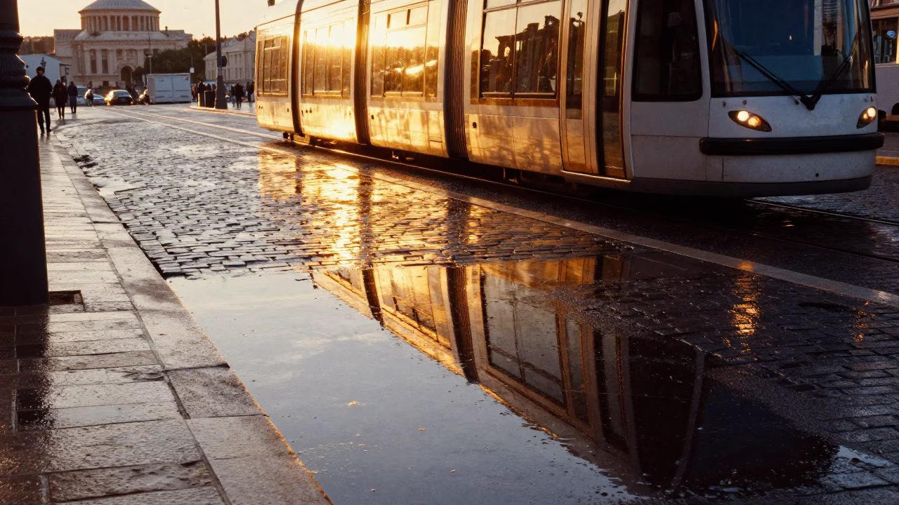 Sunset tram reflection on wet Marseille cobblestones near Old Port in in Marseille, France