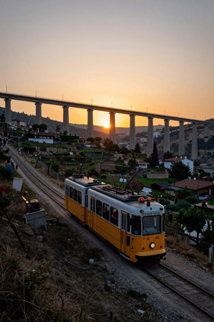 Sunset tram ride up steep hill in Izmir Turkey with viaduct shadow across gardens in in Izmir, Turkey