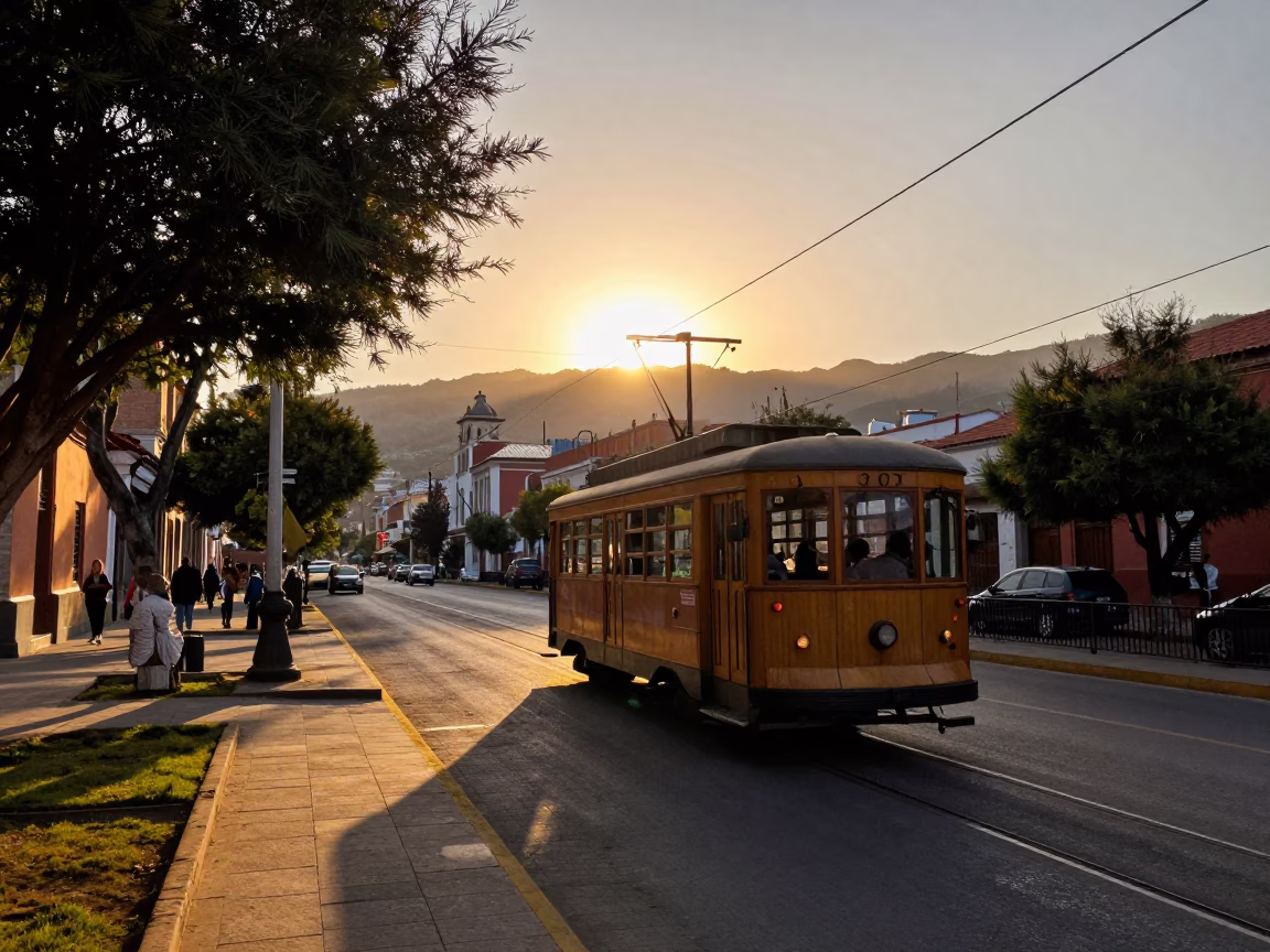 Sunset Tramcar Journey Through La Paz Bolivia Urban Street Scene in in La Paz, Bolivia