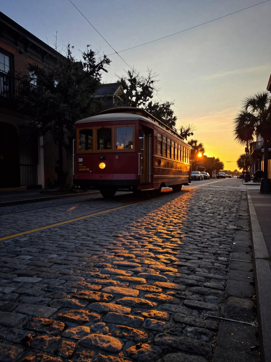 Sunset Tramcar Reflection on Cobblestones Charleston South Carolina Historic District in in Charleston, South Carolina, United States