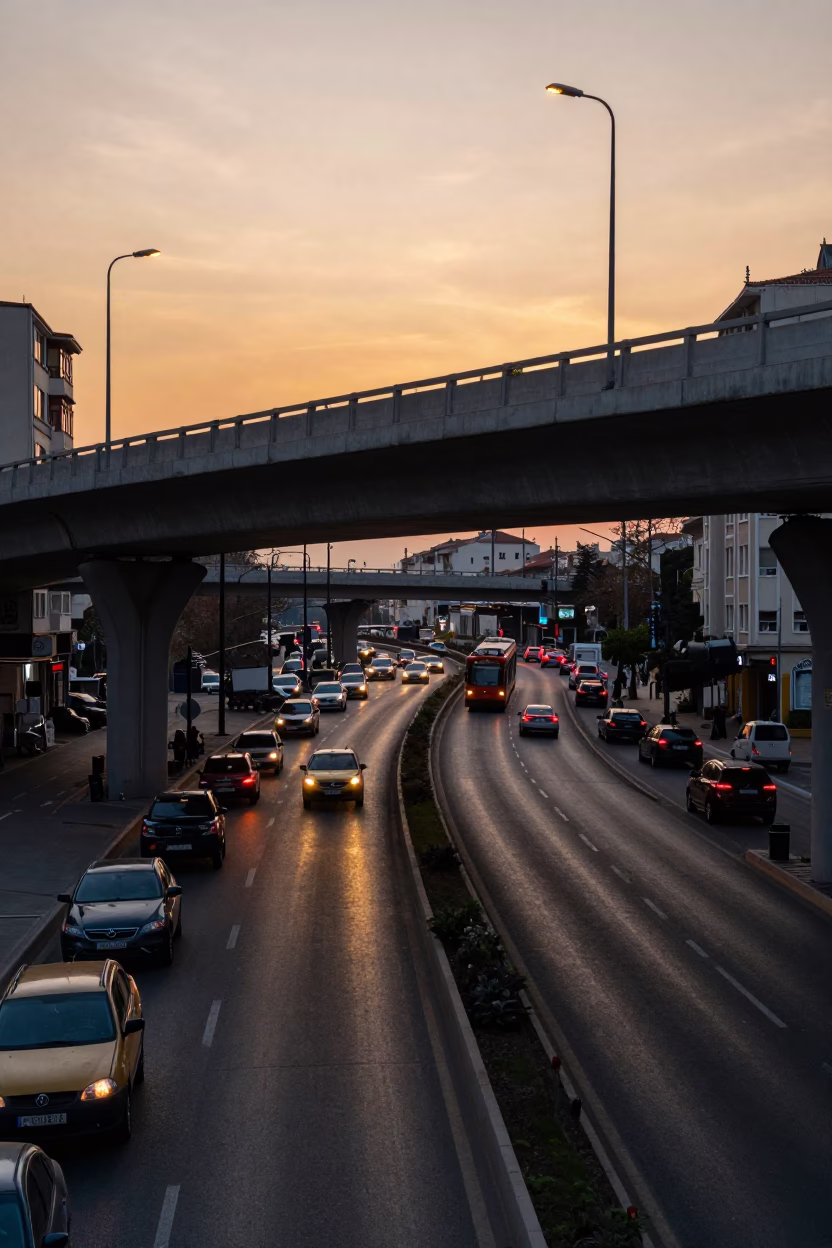 Sunset tramway and overpass interchange with taillight streaks in Izmir Turkey in in Izmir, Turkey