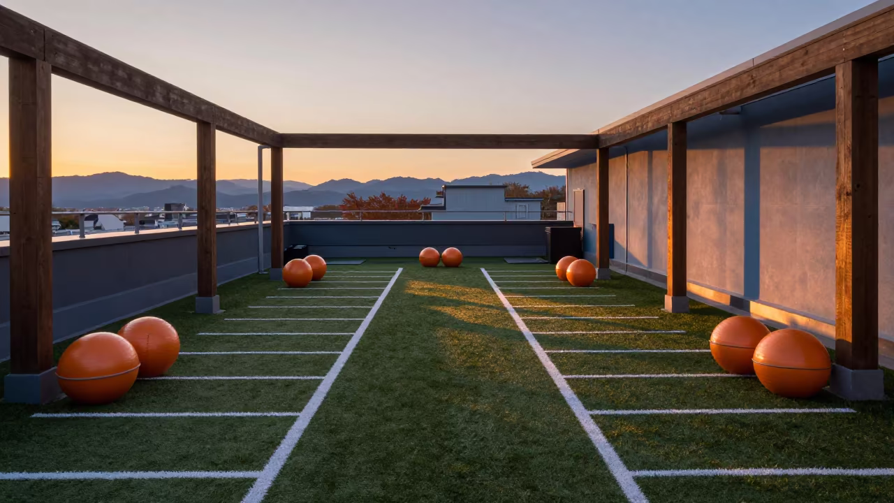 Sunset Turf Lanes and Medicine Balls at Toyama Studio in inside a yoga studio before the session begins in Toyama