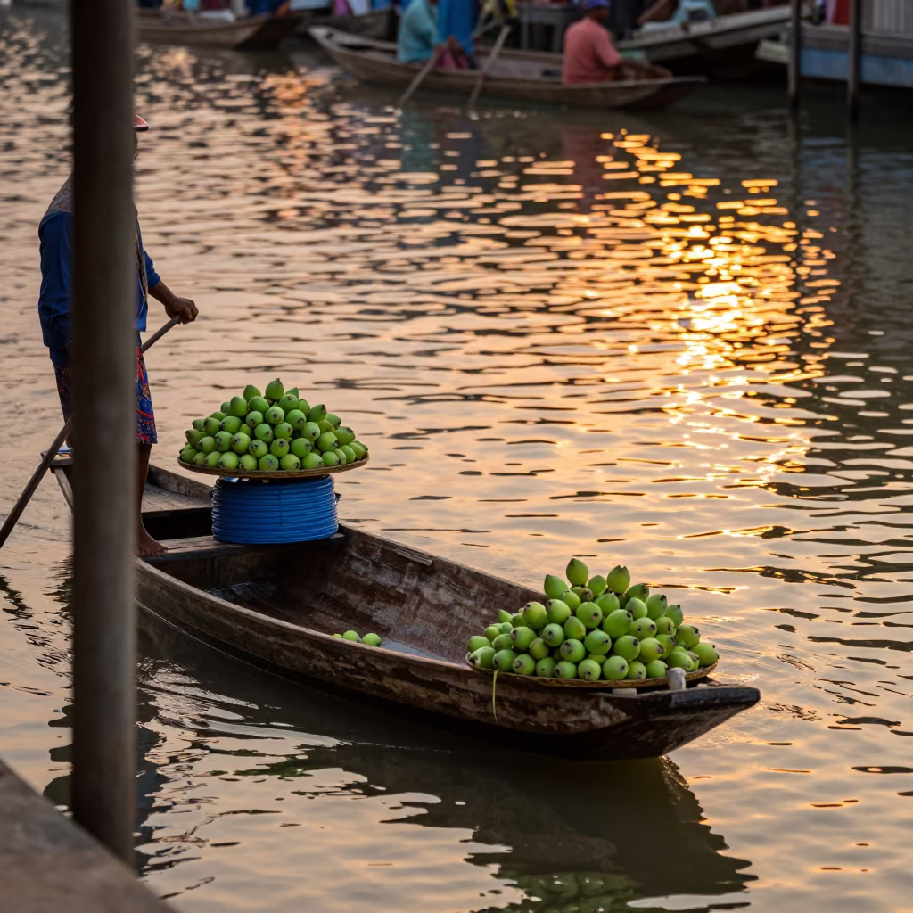 Sunset Vendor Selling Lotus Pods in Canoe in in a flea market lane in Aba