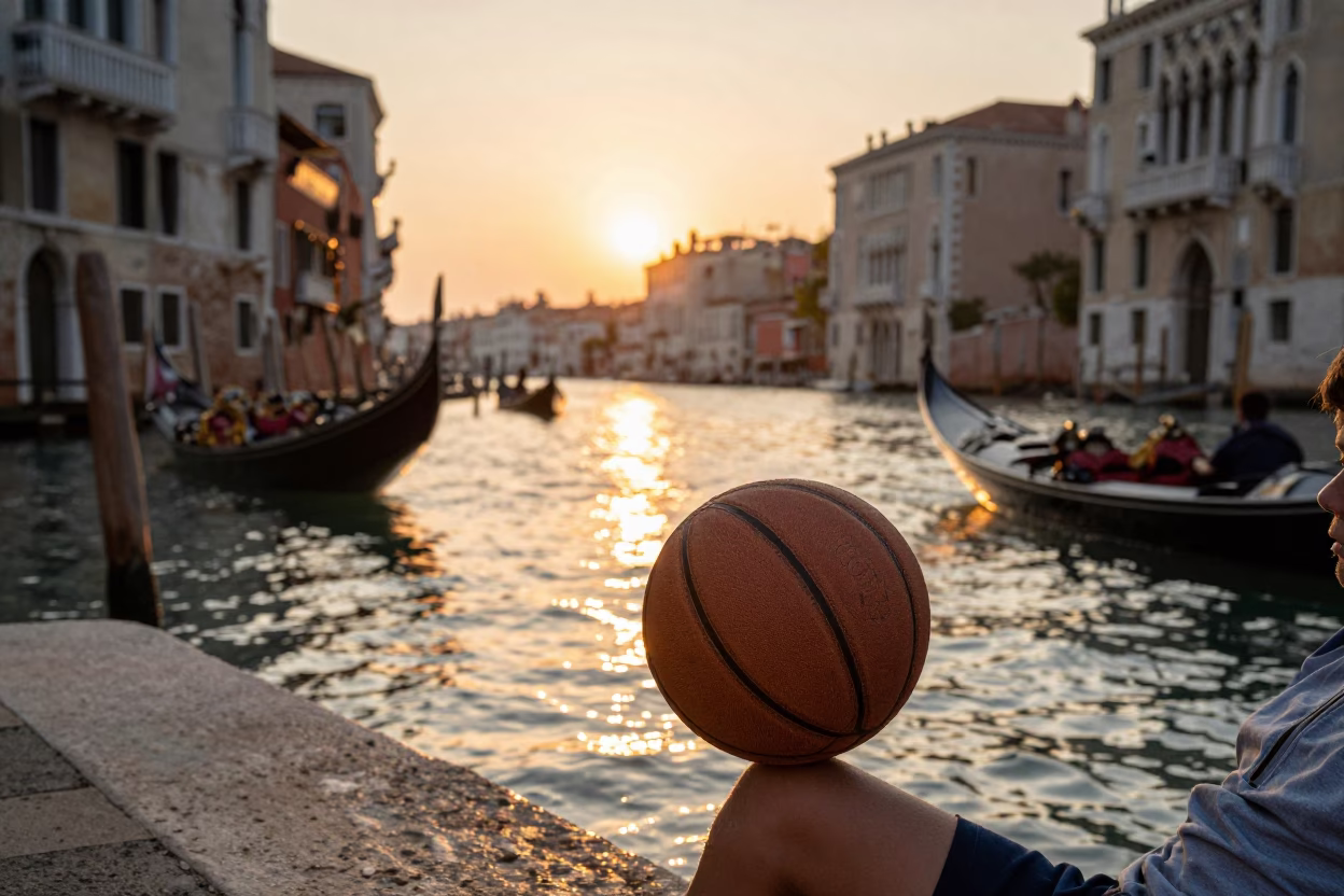 Sunset Venice Canal Scene with Leather Basketball and Brushed Steel Basin in in Venice, Italy