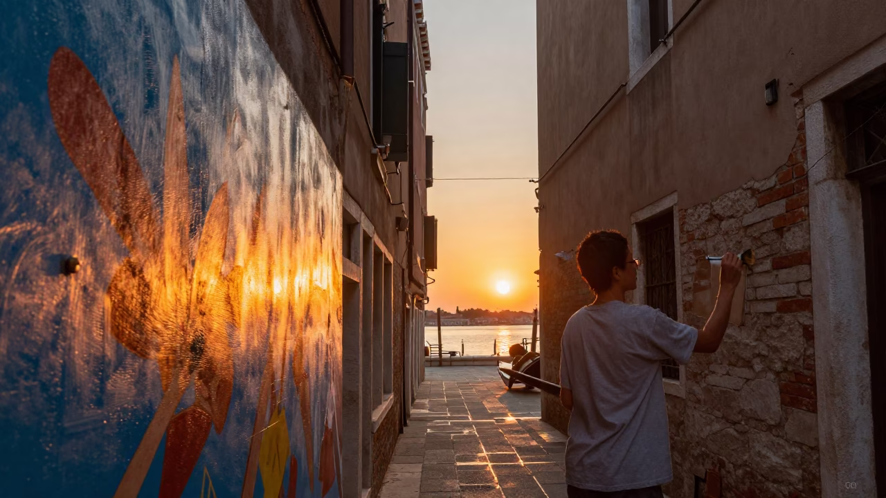 Sunset Venice Italy Street Scene with Artist Painting Mural and Twine Spool in in Venice, Italy