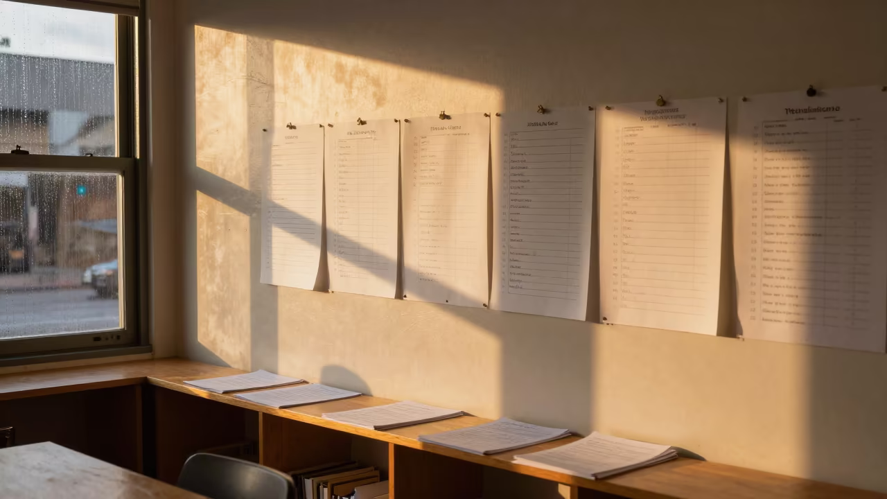 Sunset verb charts on classroom wall in inside an art classroom near Rainey Street, Austin