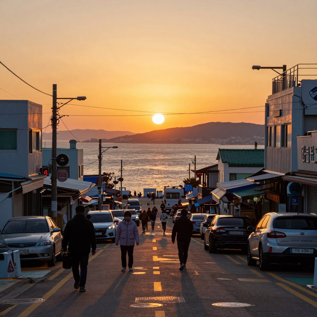 Sunset View from Busan Jagalchi Fish Market Street with Traditional Korean Architecture in in Busan, South Korea