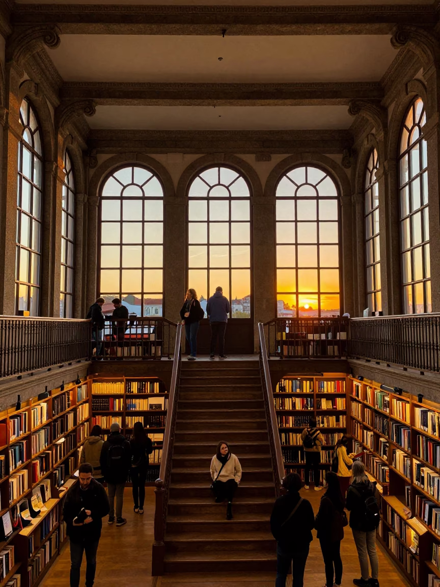 Sunset View from Livraria Lello in Porto Portugal with Historic Architecture and Tourists in in Porto, Portugal