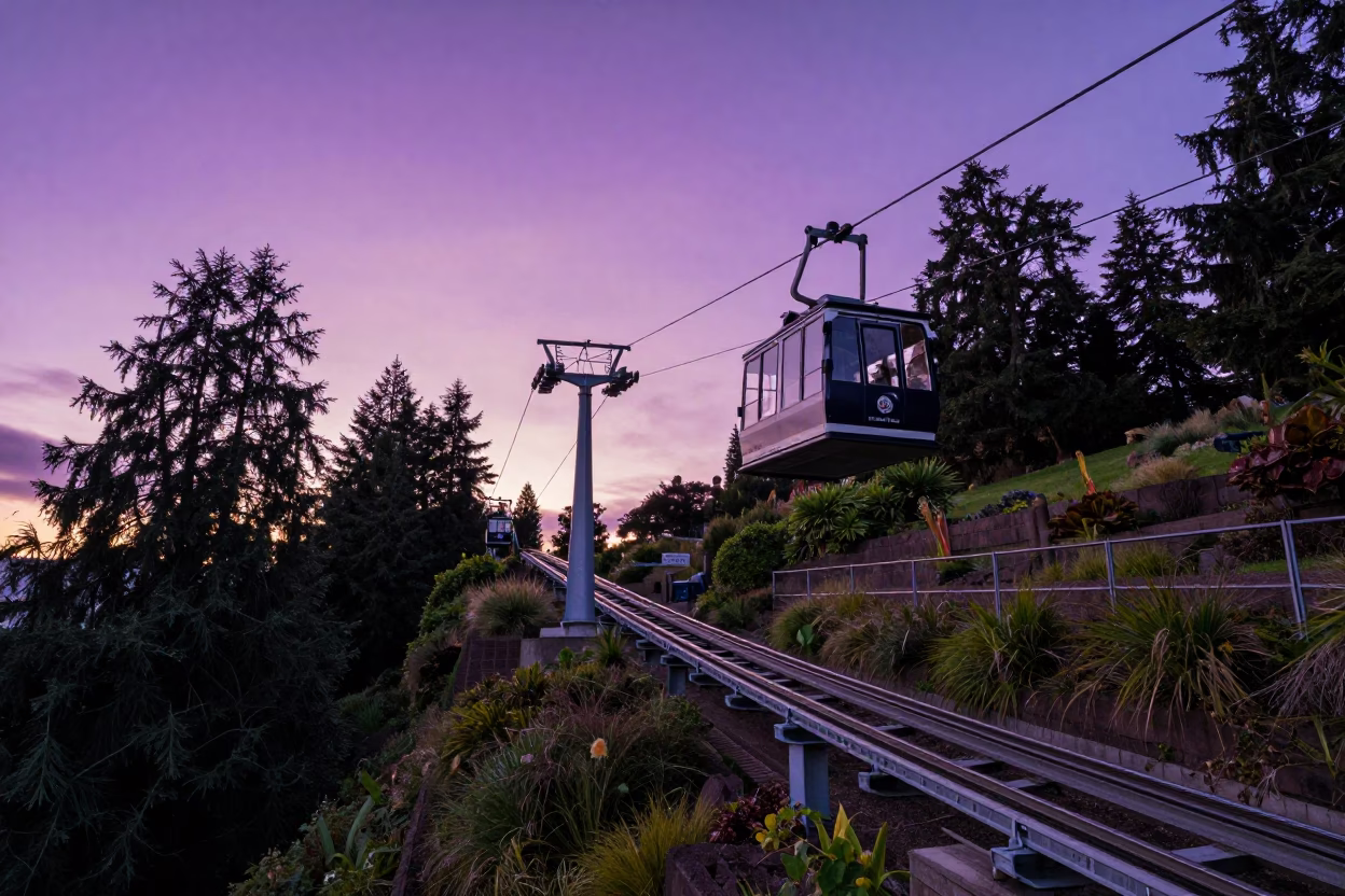 Sunset View from Portland's Laurelhurst Park Funicular Rising Through Terraced Gardens in in Portland, Oregon, United States