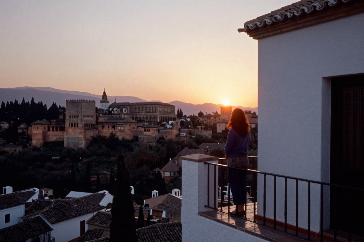 Sunset View in Granada at As The Sun Drops Toward The Horizon in in Granada, Spain
