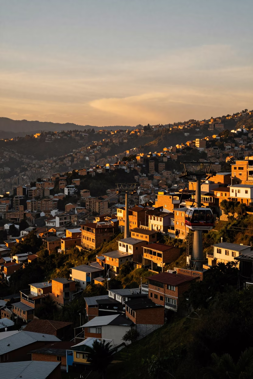Sunset view of Aburra Valley and cable car in Medellin Colombia in in Medellin, Colombia
